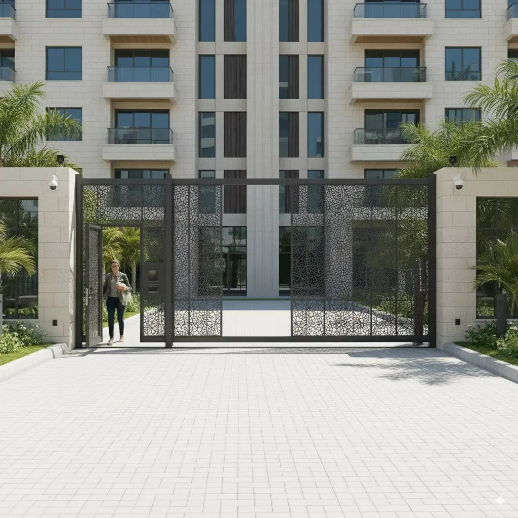 ماطورات-أبواب-السلايد-مع-باب-خدمي-لبوابات المجمعات السكنية والمواقف المشتركة